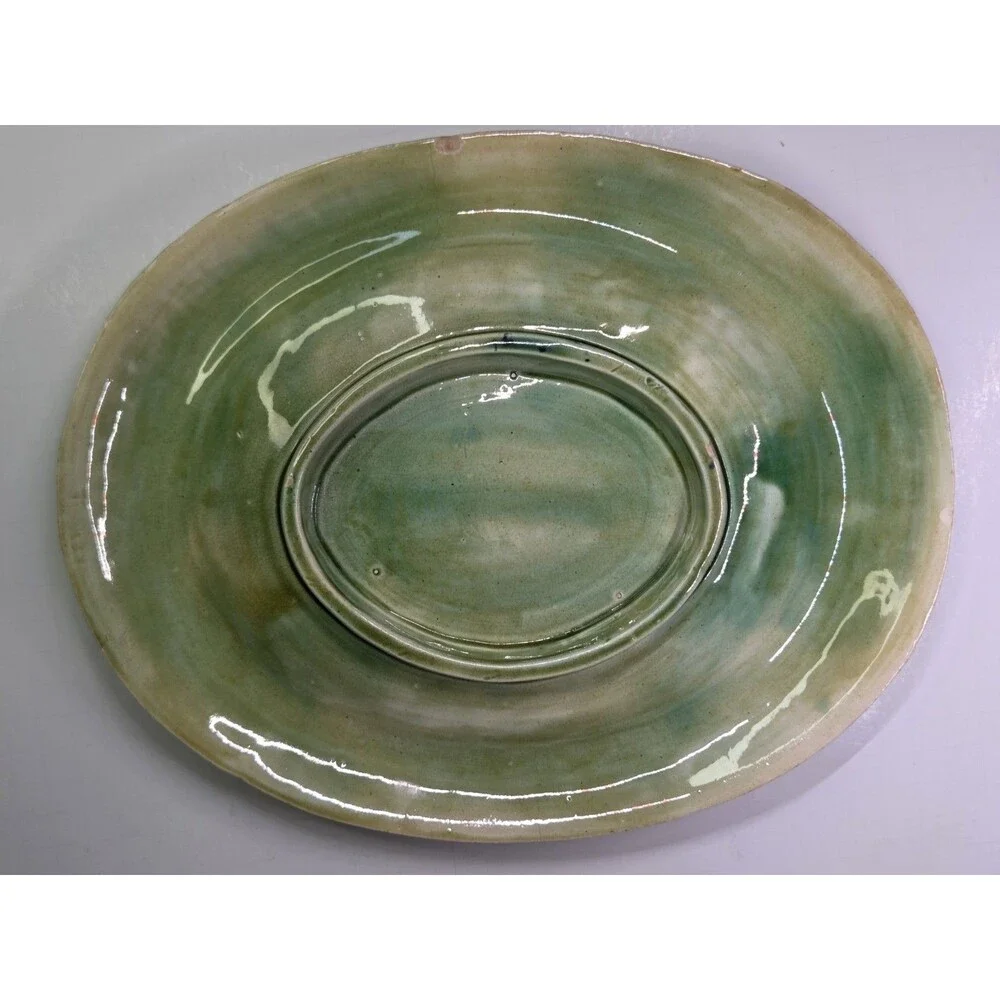 Antique Oval Majolica Basket Weave Footed Platter Floral Bread Bowl Cobalt 12¾